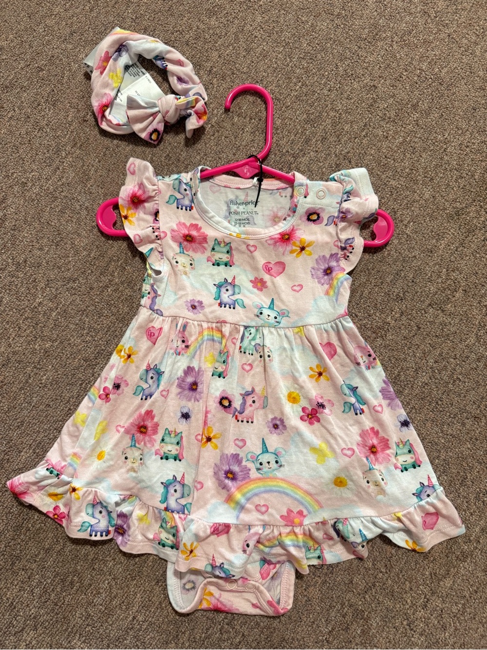 Posh Peanut Pink Unicorn & Rainbow fisher price One-Piece with Headband